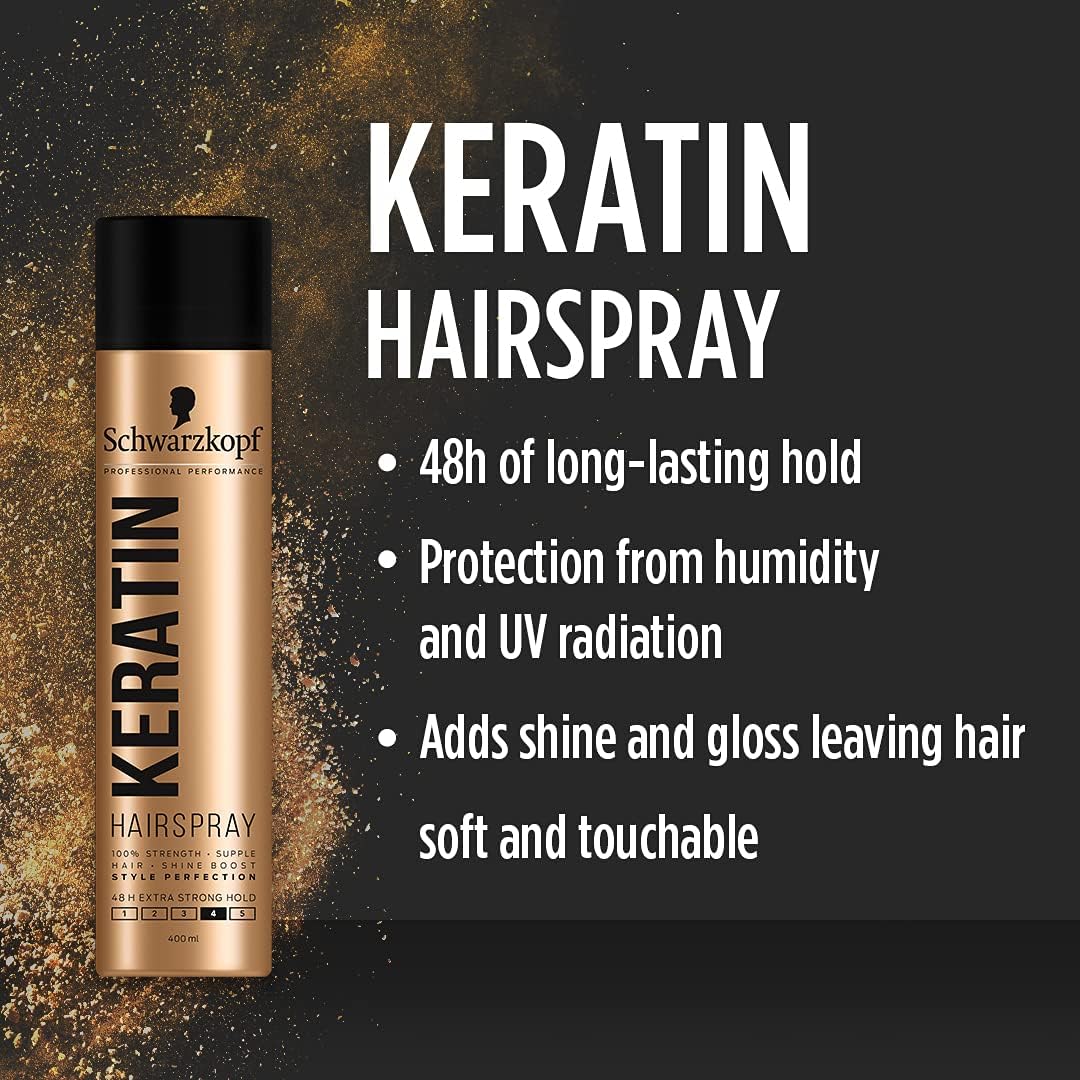 Schwarzkopf Styling Keratin Hair Spray, Shine, glossy and soft finish hairspray with no residue, no stickiness and protection from humidity, 400ml