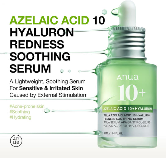 Anua Azelaic Acid 10 Hyaluron Redness Soothing Serum, Facial Serum for Sensitive skin, Hyaluronic Acid, Niacinamide, Spot Care, Natural Color, Vegan, Korean Skincare (30ml/ 1.01 fl oz.)