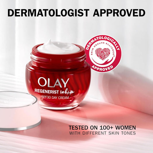 Olay Regenerist Whip Day Face Cream SPF30, Lightweight Anti-Wrinkle + Firming Skincare Moisturiser with Sun Protection, Anti-Ageing Niacinamide and Peptides, Renews, Firms and Hydrates 50ml