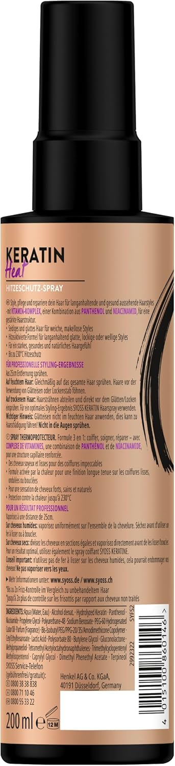 Schwarzkopf Styling Keratin Heat Protection Hair Spray, with Frizz Control, up to 230 degree Heat Protection Spray, 200 ml